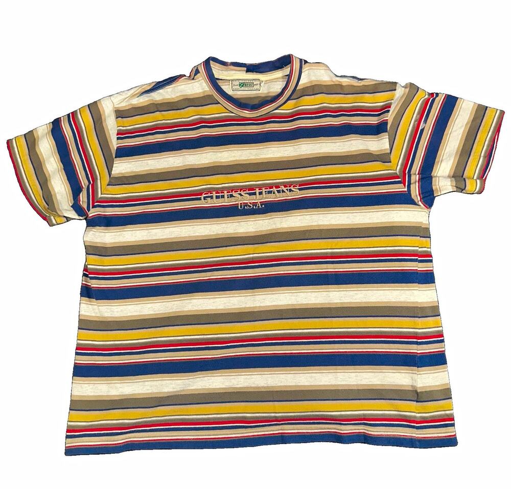 Vintage 90s Guess Jeans USA Striped T Shirt Large Embroidered Boxy Hip Hop Tee